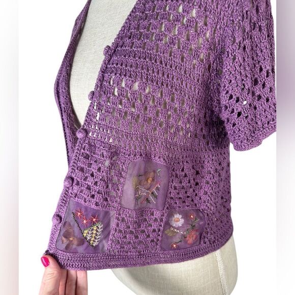 Purple Knit Handmade Gardencore Grannycore Unique Flower Patch Sweater - Picture 3 of 11